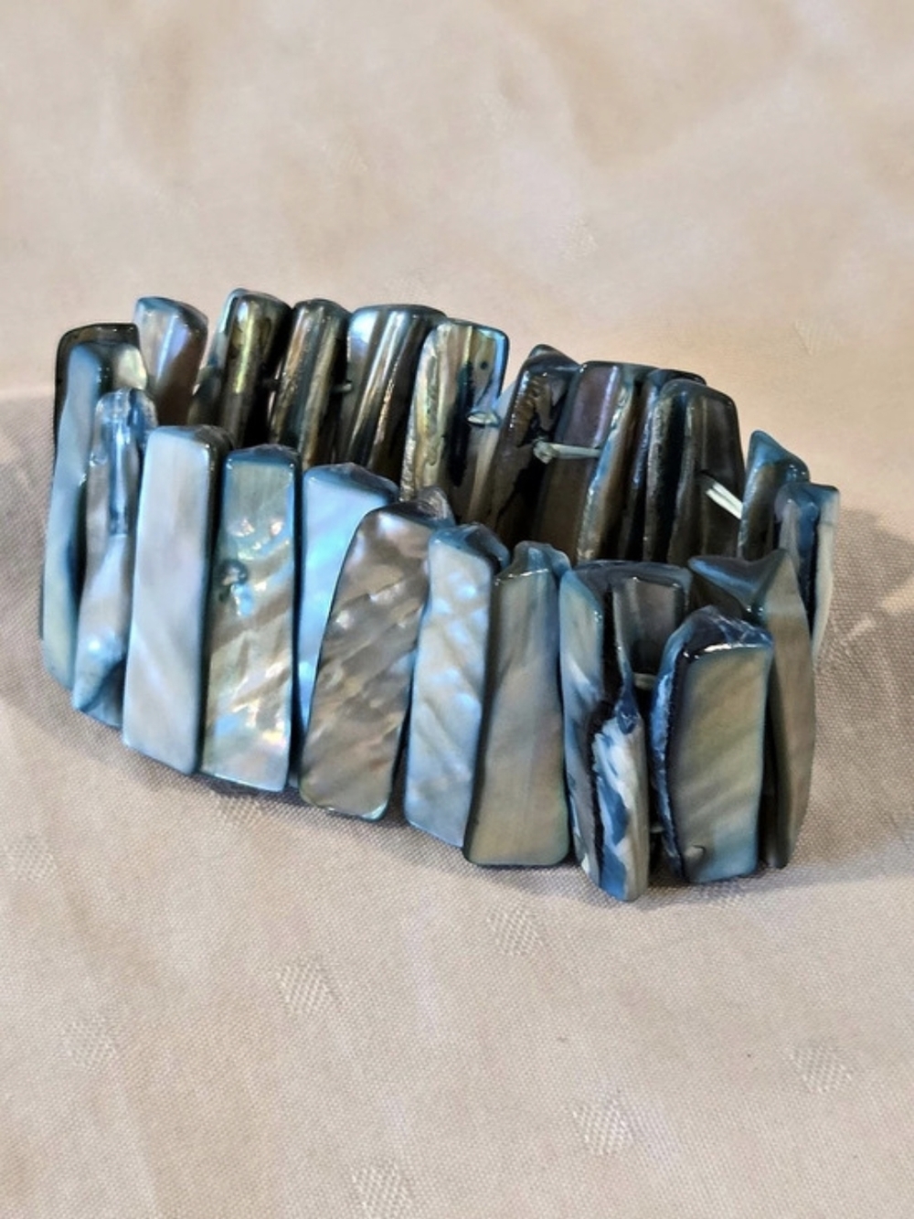 Vintage Blue Iridescent Mother of Pearl Shell Tile Stretch Cuff Bracelet